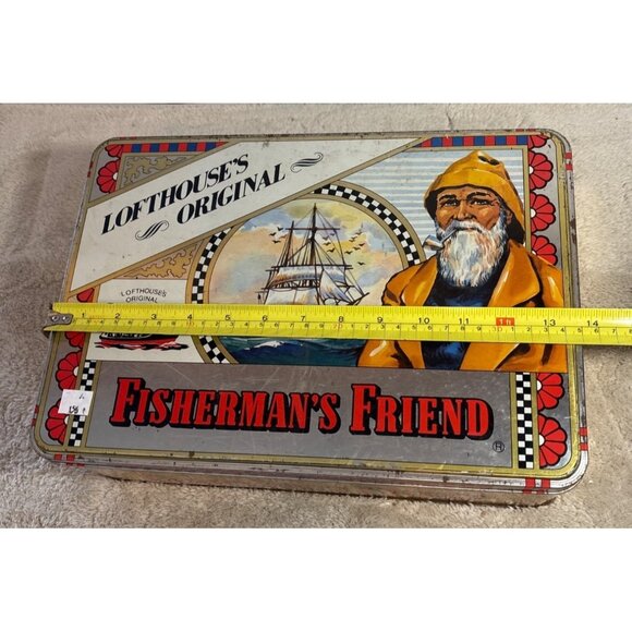 Fishermans Friend Lofthouses Original Vtg Metal Tin Storage Box LARGE 14 X 4.75" - Picture 13 of 14